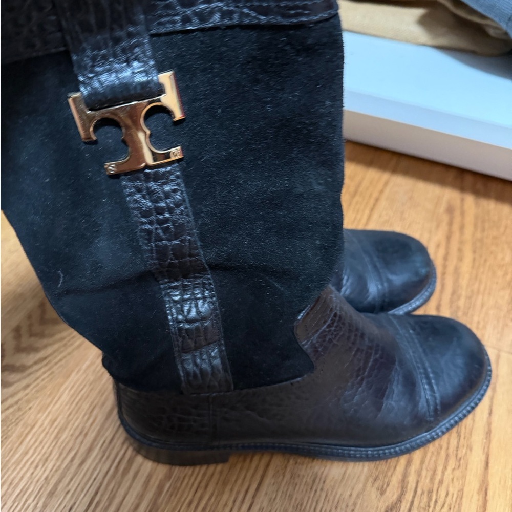 Tory Burch Black Suede and Croc-Embossed Leather Riding Boots with Gold Logo
